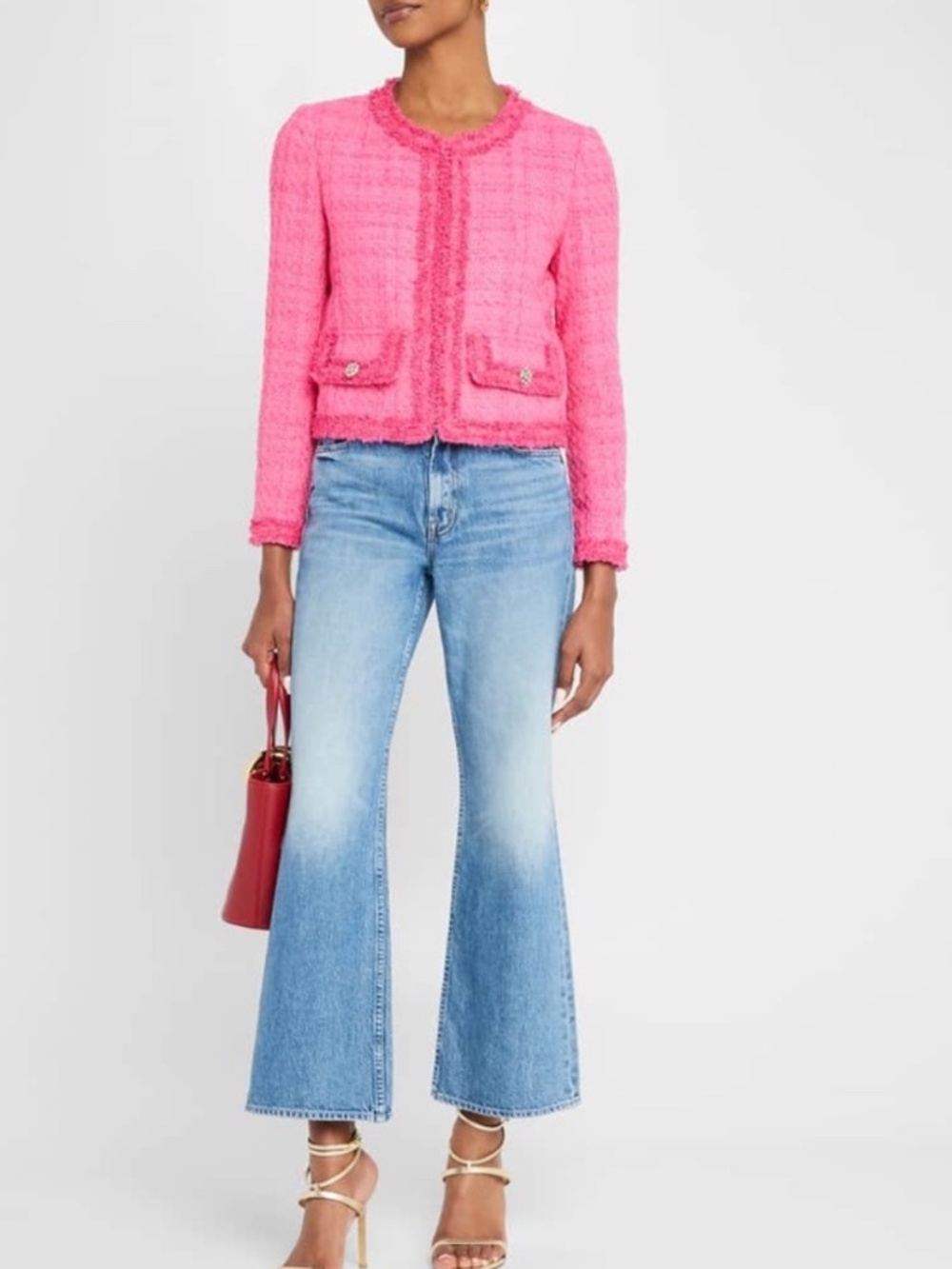 Alice + Olivia Landon Cropped Tweed Jacket In Wild Pink - Picture 1 of 8